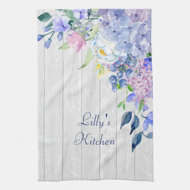 Rustic Personalised Watercolor Purple Hydrangeas Tea Towel (Vertical)