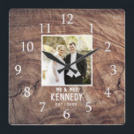 Rustic Personalised Wedding Anniversary Photo Wood Square Wall Clock<br><div class="desc">Unique anniversary clock to personalise with couple photo,  name and established year. The rustic wedding clock with a weathered wood effect  makes a great gift for weddings, anniversaries,  and new home housewarming.</div>