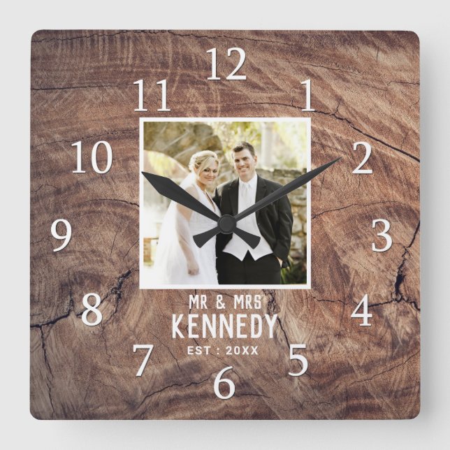 Rustic Personalised Wedding Anniversary Photo Wood Square Wall Clock (Front)