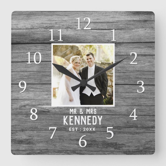 Rustic Personalised Wedding Anniversary Photo Wood Square Wall Clock (Front)