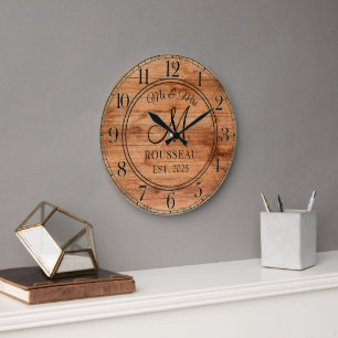 Rustic Personalised Wedding Newlywed Monogram Wood Large Clock