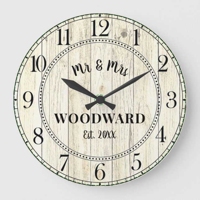 Rustic Personalised Wedding Newlyweds Large Clock (Front)
