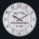 Rustic Personalised Wedding Newlyweds Large Clock<br><div class="desc">A rustic modern white washed barn wood shiplap monogrammed wedding wall clock with date established.</div>