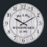 Rustic Personalised Wedding Newlyweds Large Clock<br><div class="desc">A rustic modern white washed barn wood shiplap monogrammed wedding wall clock with date established.</div>