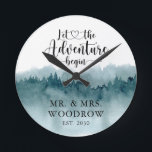 Rustic Personalised Wedding Newlyweds Large Clock<br><div class="desc">A rustic watercolor forest let the adventure begin,  married name wedding wall clock with date established wedding date.</div>