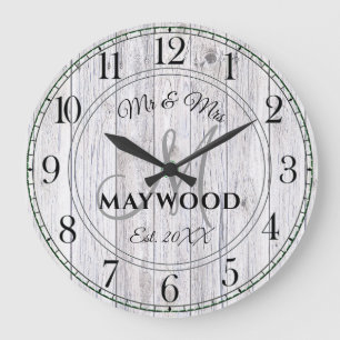 Rustic Personalised Wedding Newlyweds Monogrammed Large Clock