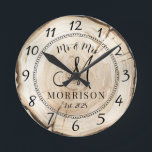Rustic Personalised Wedding Newlyweds Round Clock<br><div class="desc">A rustic modern wood stump  monogrammed wedding wall clock with date established and married name.</div>