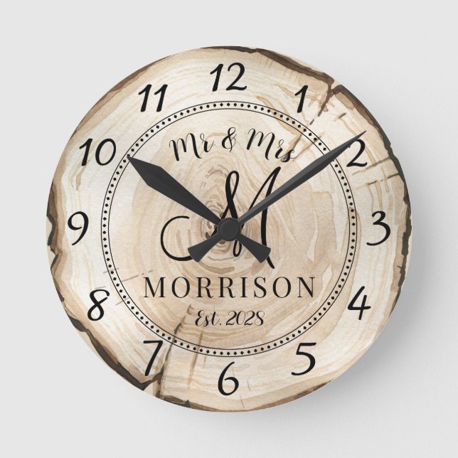 Rustic Personalised Wedding Newlyweds Round Clock (Front)