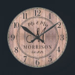 Rustic Personalised Wedding Newlyweds Round Clock<br><div class="desc">A rustic modern barn wood shiplap monogrammed wedding wall clock with date established and married name.</div>