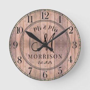 Rustic Personalised Wedding Newlyweds Round Clock