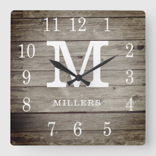 Rustic Personalised Wood Farmhouse Monogram Name Square Wall Clock