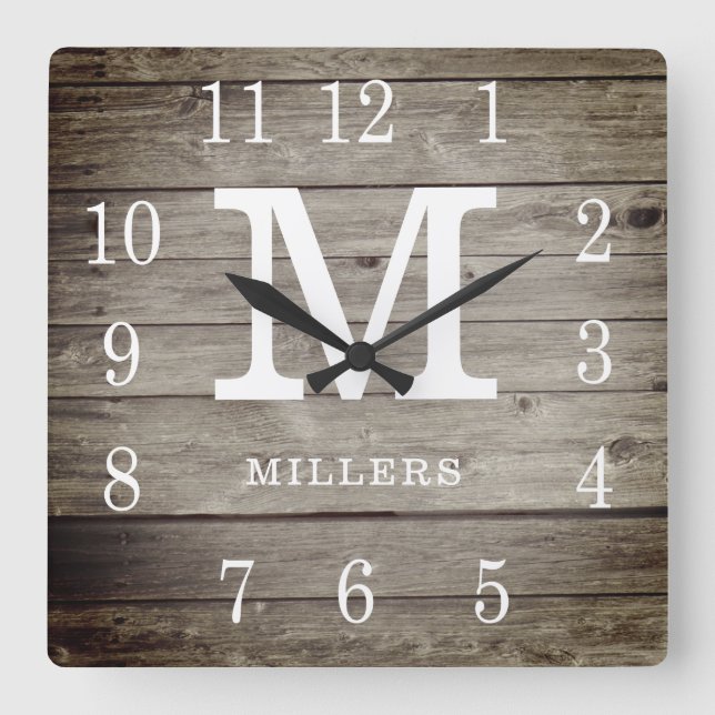 Rustic Personalised Wood Farmhouse Monogram Name Square Wall Clock (Front)