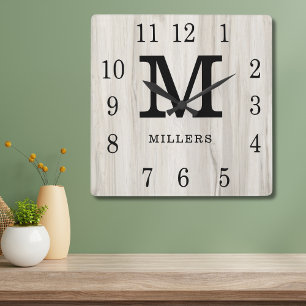 Rustic Personalised Wood Farmhouse Monogram Name   Square Wall Clock