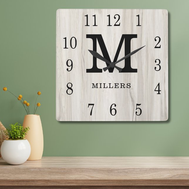 Rustic Personalised Wood Farmhouse Monogram Name   Square Wall Clock (Creator Uploaded)