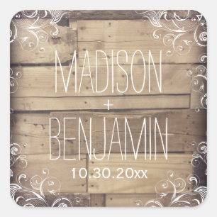 Rustic Personalised Wood Flourish Wedding Sticker