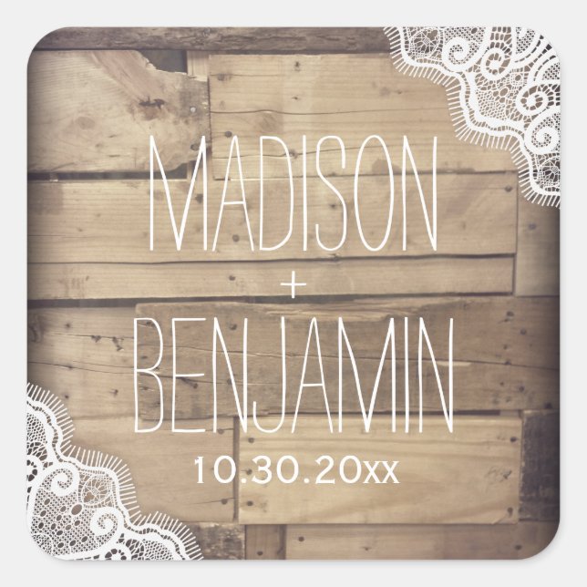 Rustic Personalised Wood Lace Wedding Sticker (Front)