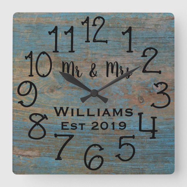 Rustic Personalized Blue Distressed Wood Custom Square Wall Clock (Front)