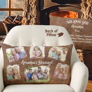 Rustic Personalized Grandpa Grandkids Photo Names Lumbar Cushion