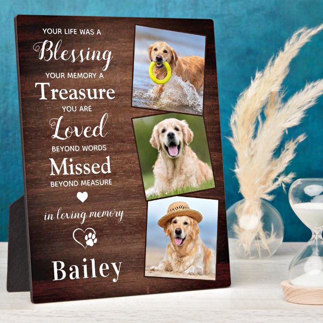 Rustic Pet Memorial Dog Loss Personalized 3 Photo Plaque (Creator Uploaded)