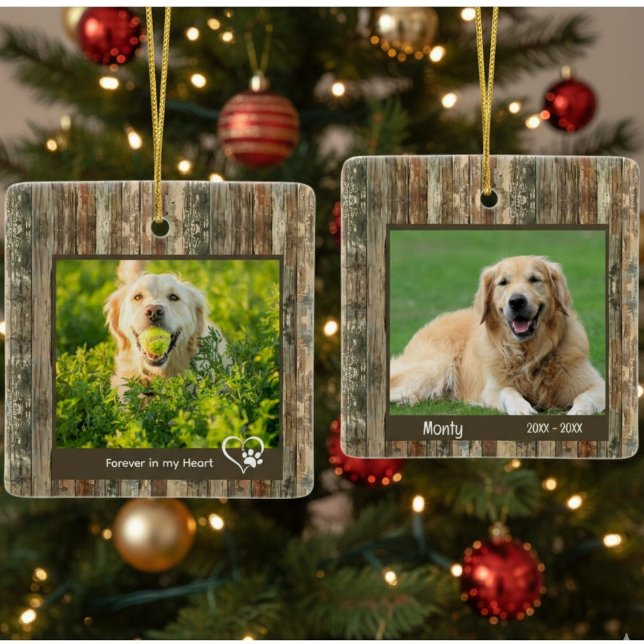 Rustic Pet Memorial Wood Texture Photo Ceramic Ornament (Creator Uploaded)