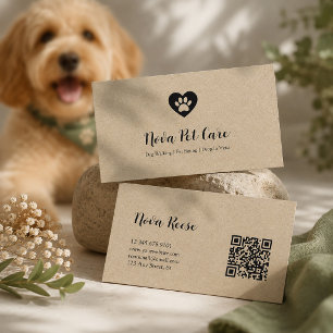 Rustic Pet Sitter Dog Walker Qr Code Kraft Business Card