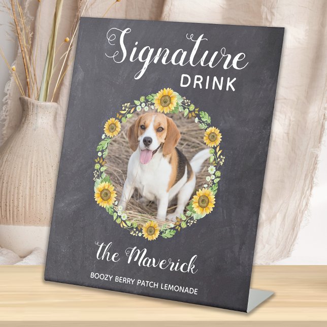 Rustic Pet Wedding Signature Drink Sunflower Photo Pedestal Sign (Creator Uploaded)