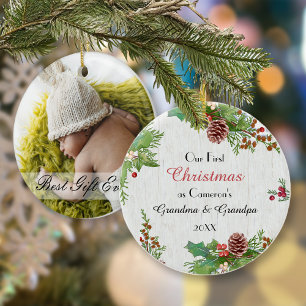 Rustic Photo 1st Christmas New Grandparents Ceramic Tree Decoration