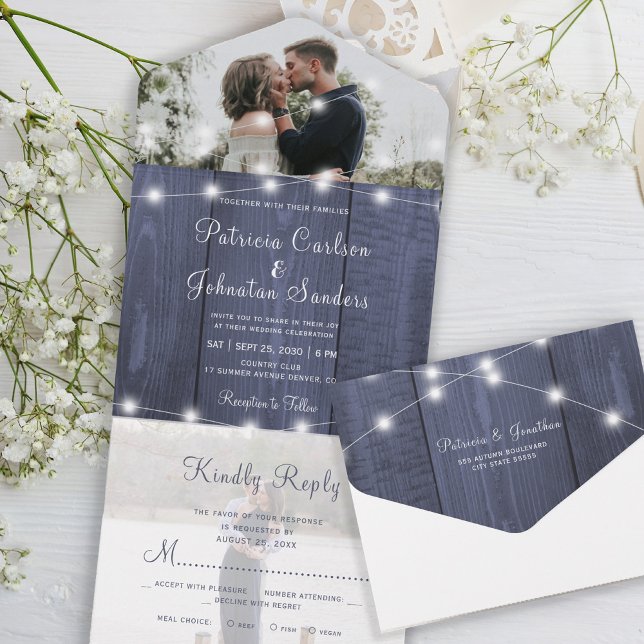 Rustic photo blue wood string lights rsvp wedding all in one invitation (Creator Uploaded)