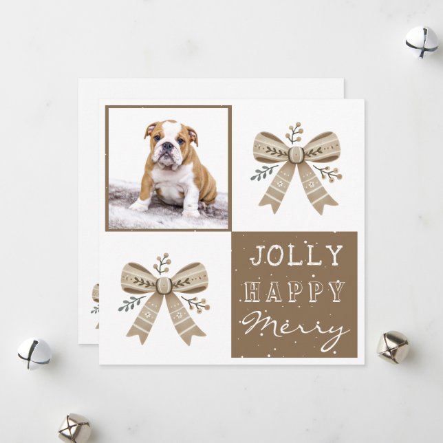 Rustic Photo Bow Jolly Happy Merry Christmas Card (Front/Back In Situ)