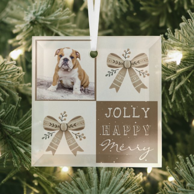 Rustic Photo Bow Jolly Happy Merry Christmas  Glass Tree Decoration (Insitu)
