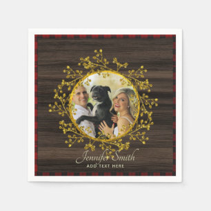 Rustic PHOTO Buffalo Plaid Red Wreath Personalised Napkin