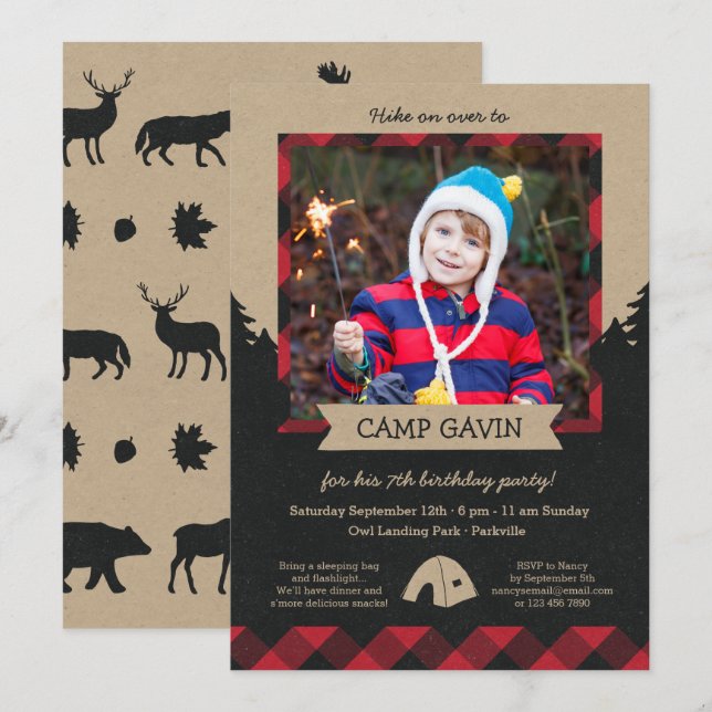 Rustic Photo Camping Birthday Party Invitations (Front/Back)