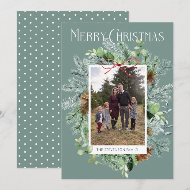 Rustic Photo Christmas Greenery Greeting Card (Front/Back)