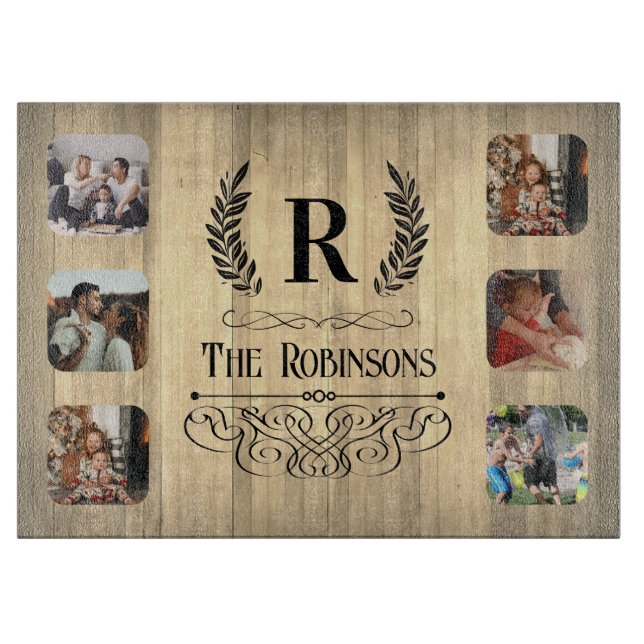 Rustic Photo Collage Family name & Monogram Cutting Board (Front)