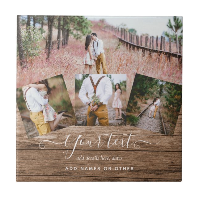 Rustic PHOTO COLLAGE Gift Custom Text Unique Tile (Front)