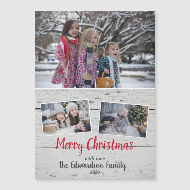 Rustic photo collage Merry Christmas magnetic card (Front)