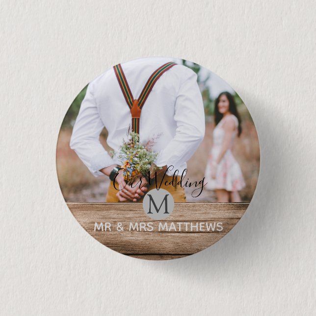 Rustic Photo Collage Monogram NEWLYWEDS WEDDING 3 Cm Round Badge (Front)