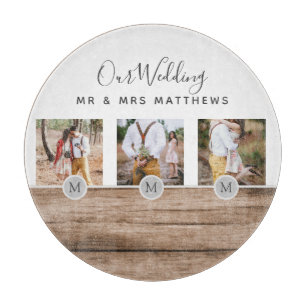 Rustic Photo Collage Monogram NEWLYWEDS WEDDING Cutting Board