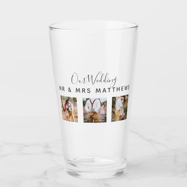Rustic Photo Collage Monogram NEWLYWEDS WEDDING Glass (Front)