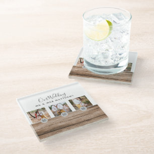 Rustic Photo Collage Monogram NEWLYWEDS WEDDING Glass Coaster