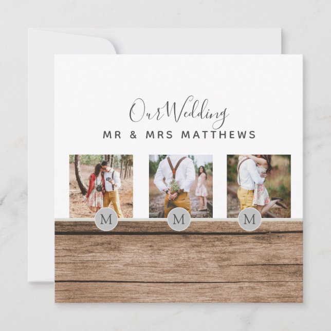 Rustic Photo Collage Monogram NEWLYWEDS WEDDING Invitation (Front)