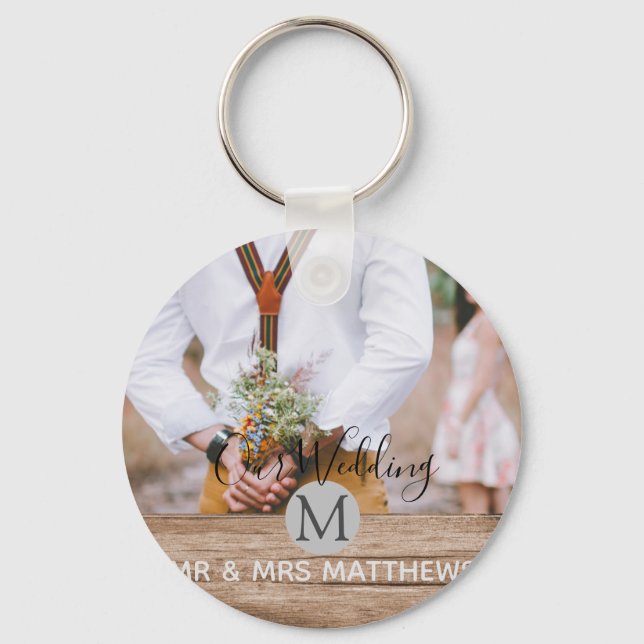 Rustic Photo Collage Monogram NEWLYWEDS WEDDING Key Ring (Front)
