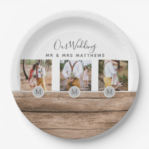Rustic Photo Collage Monogram NEWLYWEDS WEDDING Paper Plate