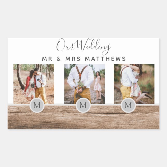 Rustic Photo Collage Monogram NEWLYWEDS WEDDING Rectangular Sticker (Front)