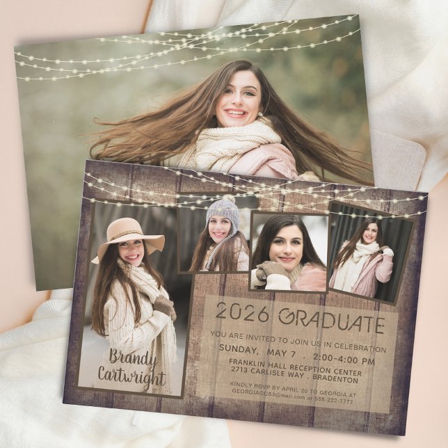 Rustic Photo Collage Wood String Lights Graduation Invitation (Creator Uploaded)