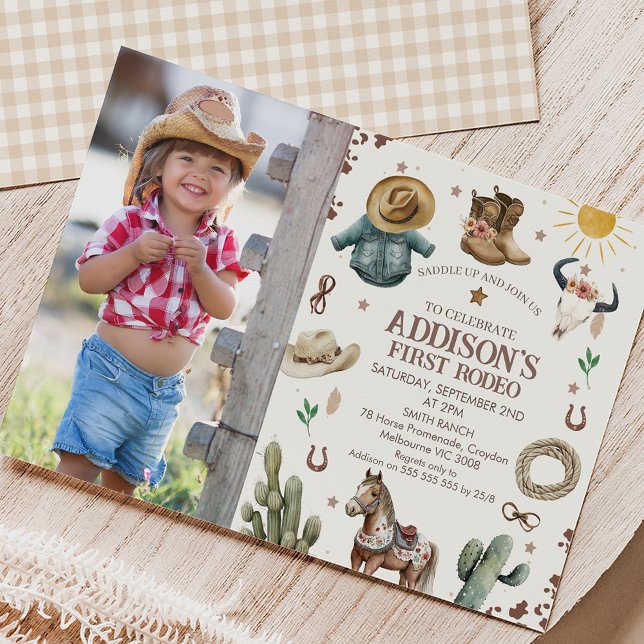 Rustic Photo First Rodeo Wild West 1st Birthday Invitation (Cute girls first rodeo 1st birthday invitation featuring a horse, cowgirl boots and more.)