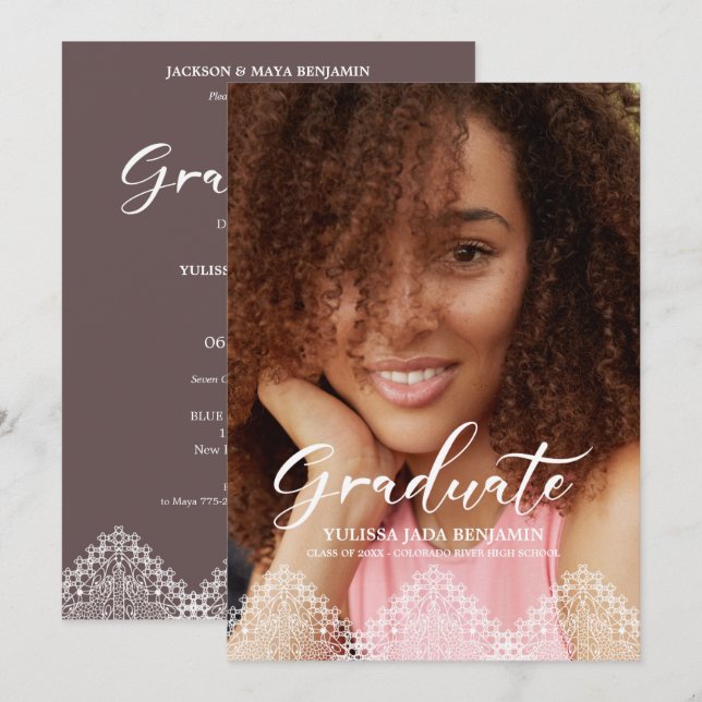 Rustic Photo Graduation Romantic Lace Effect Invitation (Front/Back)