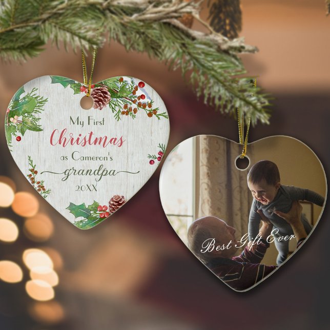 Rustic Photo Milestone New Grandpa 1st Christmas  Ceramic Tree Decoration (Creator Uploaded)