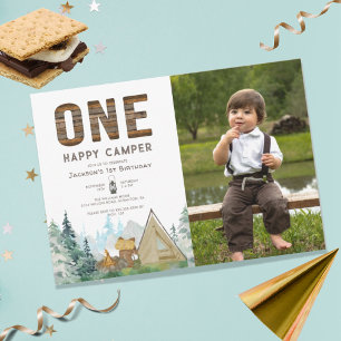 Rustic Photo One Happy Camper Birthday Invitation