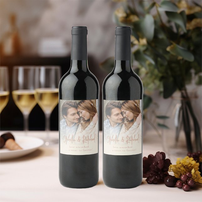 Rustic Photo Overlay Cream Boho Wedding Wine Label (Creator Uploaded)
